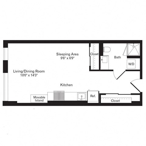 Floor plan for studio, 1 bath, 480 sqft